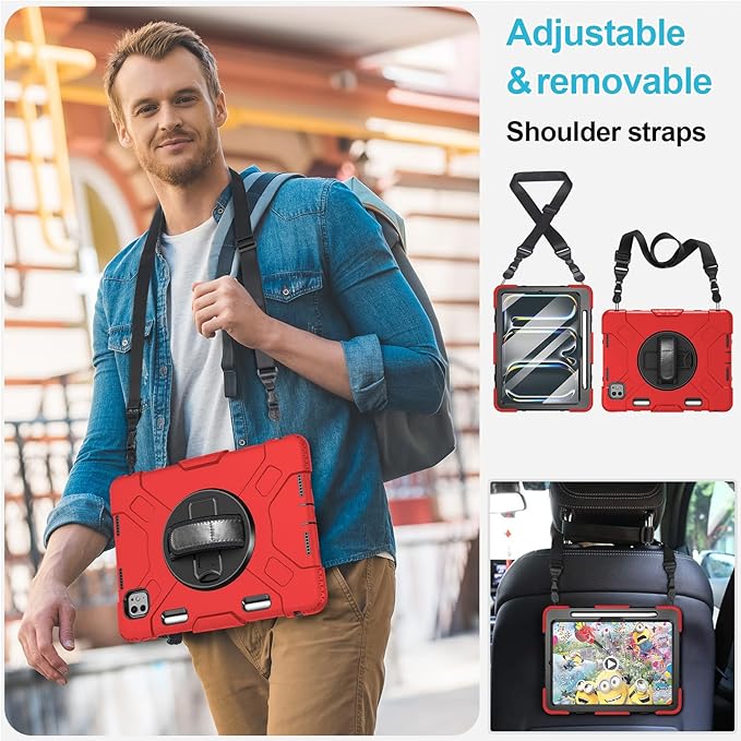 Case for iPad Pro 11 M5 2025/ M4 2024: Protective Cover for iPad Pro 11 Inch 5th Generation with Screen Protector- Stand- Handle- Shoulder Strap- Pencil Holder-Black+Red