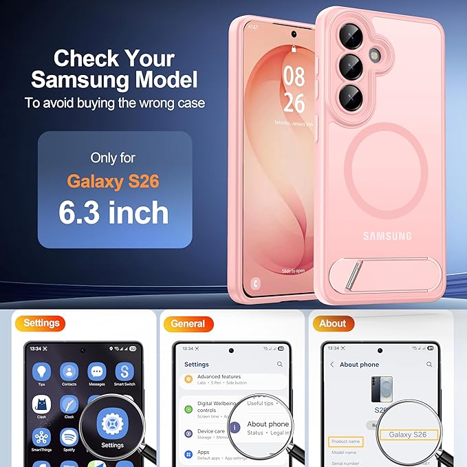 Magnetic for Samsung Galaxy S26 Case, [Compatible with MagSafe][Full Camera Protection][Built-in Invisible Kickstand] Translucent Matte Phone Case for S26 6.3" - Pink