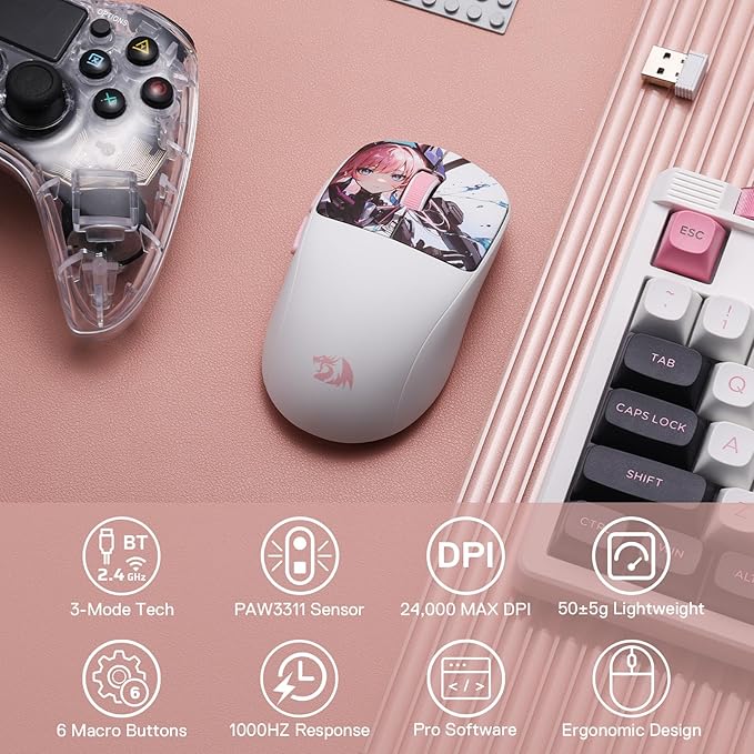 Redragon M817 PRO Wireless Gaming Mouse, 24000 DPI Optical Mini Mice with 6 Programmable Buttons & Ergonomic Design, 50G Ultra Lightweight, Software Supports DIY Keybinds, Suitable for Small Hands