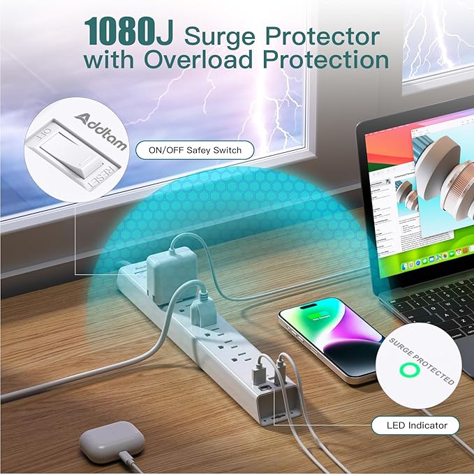 Extension Cord 10 ft - Long Power Strip Surge Protector, 6 AC Outlet 4 USB (2 USB C), Flat Plug, Wall Mount, Multi Plug Outlet Extender Desk Charging Station for Home Office Dorm Room Essentials