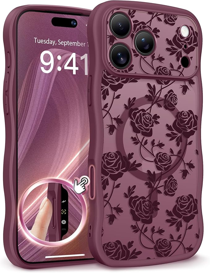 GVIEWIN for iPhone 17 Pro Max Case Compatible with MagSafe [Curly Wave Edge][Full Camera Protection] Floral Translucent Shockproof Magnetic Women Phone Case for 17 Pro Max, Filigree Rose/Burgundy