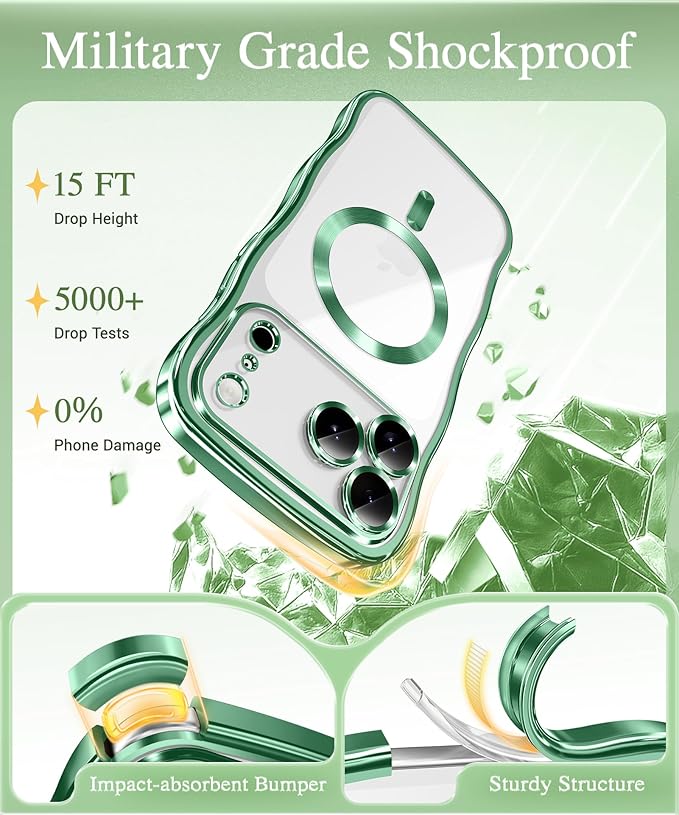 GVIEWIN for iPhone 17 Pro Case Compatible with MagSafe, Upgraded [Full Camera Protection][Cute Wave Frame][Military Grade Protection] Electroplated Hard Phone Cover for Women Girl, Clear/Green