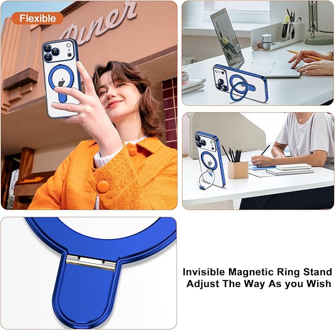 Compatible with iPhone 17 Pro Max Case with Magnetic Ring Stand [Compatible with Mag-Safe] [Full Camera Lens Protector] Plating Clear Phone Case for iPhone 17 Pro Max 6.9", Blue