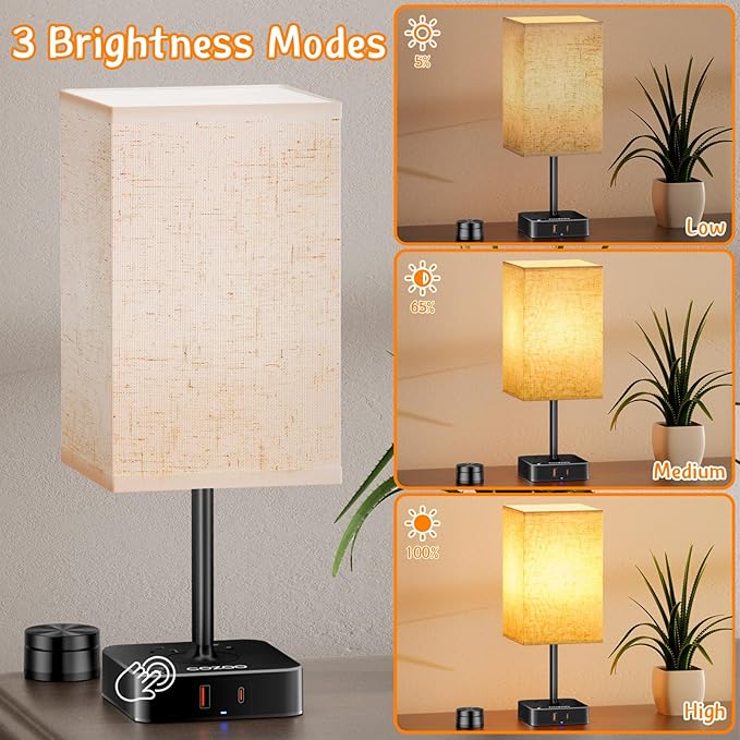 Bedside Table Lamps for Bedroom, 3 Way Dimmable + Remote Control Stepless Dimming Touch Lamps for Nightstand, USB A+C & AC Outlet Small Table Lamp for Living Room, Bed, Study, Include 9W Warm LED Bulb