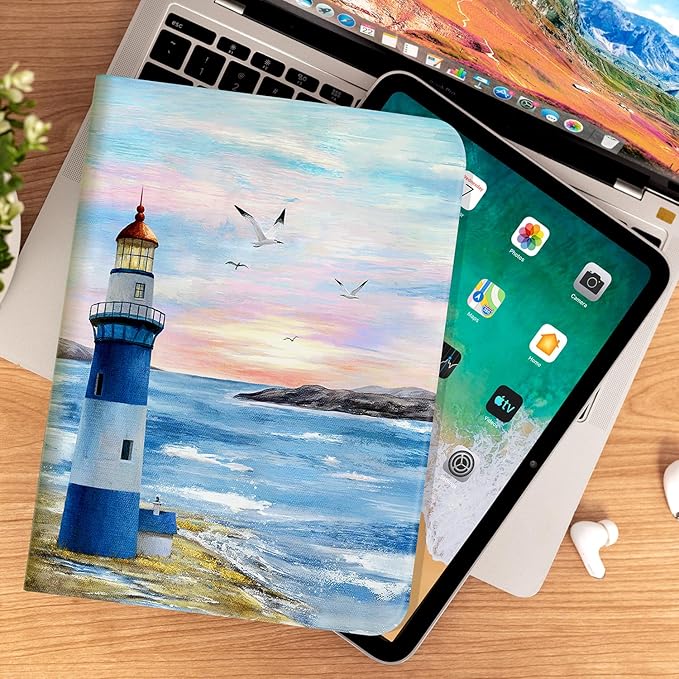 for iPad (A16) 11th/10th Generation Case 2025/2022, for iPad Case 11th/10Th Generation, for 10Th/11th Gen iPadCase Cover Auto Wake/Sleep Multi-Angle Viewing Adjustable Stand, Blue Lighthouse Seagull