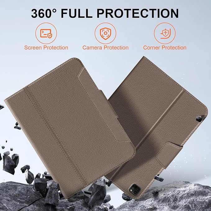 Leather Case for iPad Pro 12.9" 3-6th Gen (2018-2024), with Pencil Holder&Buckle, Auto Wake/Sleep, Adjustable Stand, Gray Brown