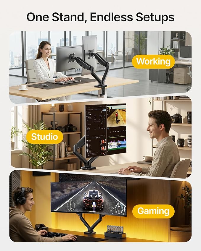monTEK Heavy Duty Dual Monitor Arm for 17-32” Flat/Curved Screens, Premium Mechanical Spring Monitor Arm up to 19.8 lbs, Full Motion Monitor Desk Mount with Quick-Release VESA 75/100mm, Clamp/Grommet