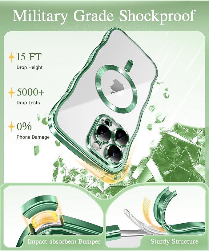 GVIEWIN for iPhone 16 Pro Case Compatible with MagSafe, Upgraded [Full Camera Protection][Cute Wave Frame][Military Grade Protection] Electroplated Soft Phone Cover for Women Girl, Clear/Green