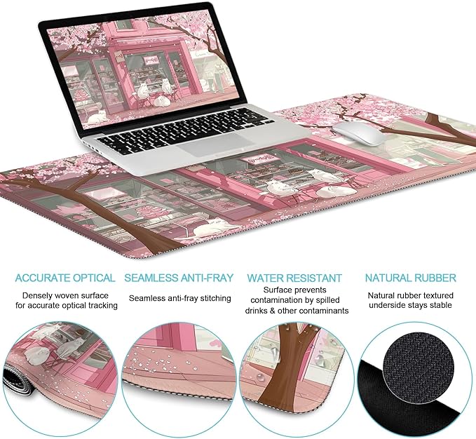 LIMKRIAN Anime Cat Mouse Pad Set, XXL Gaming Mouse Pad with Wrist Rest, Keyboard Mat, Cat Coaster, Cute Office Desk Decor Accessories, Pink Lycra