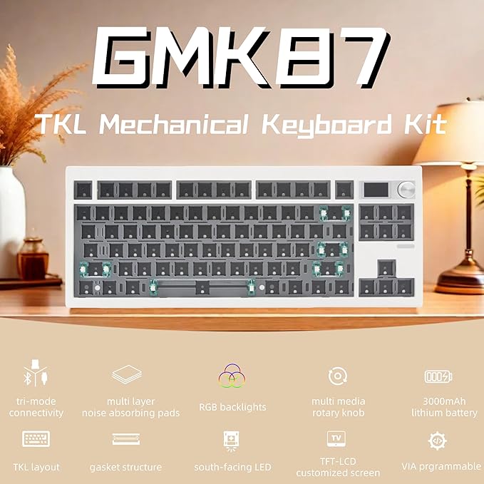 GMK87 TKL Mechanical Keyboard Kit Tri-Mode for 3/5pin Switches,85 Keys+Rotary Knob+TFT-LCD Screen Hotswap PCB Gasket Mounted,VIA Programmable DIY Keyboard Kit (White)