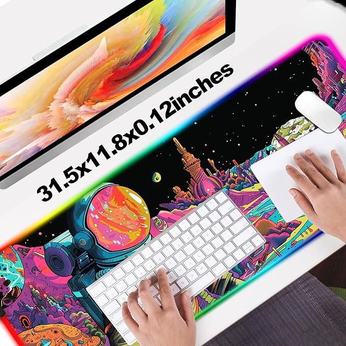 RGB Fantasy Planet Space Gaming Desk Mat, Computer Keyboard Large Extended Astronaut LED Mouse Pad for Office and Home, 31.5×11.8 Inches, XL