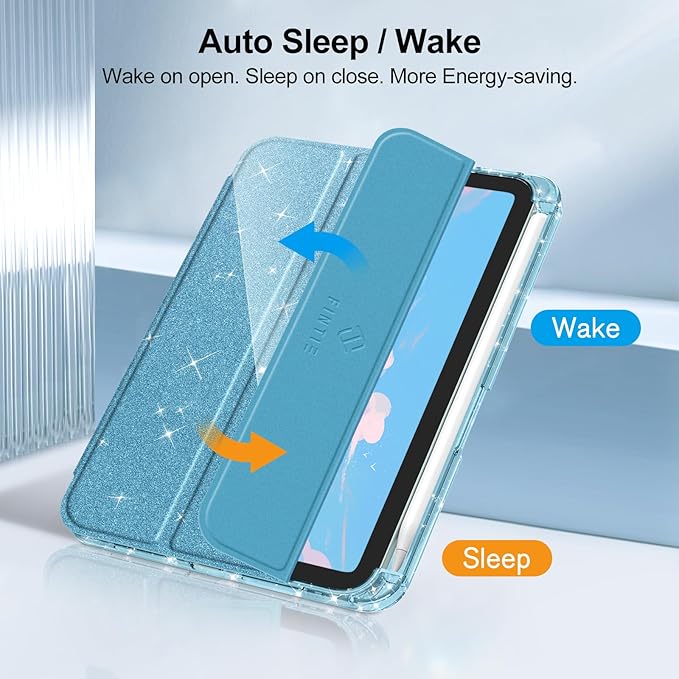 Fintie Slim Case for iPad Mini 7 (A17 Pro, 7th Generation) 2024 / iPad Mini 6 (6th Gen) 8.3 Inch - [Built-in Pencil Holder] Glittering Sparkly Shockproof Cover w/Shiny Clear Back Shell, Blue