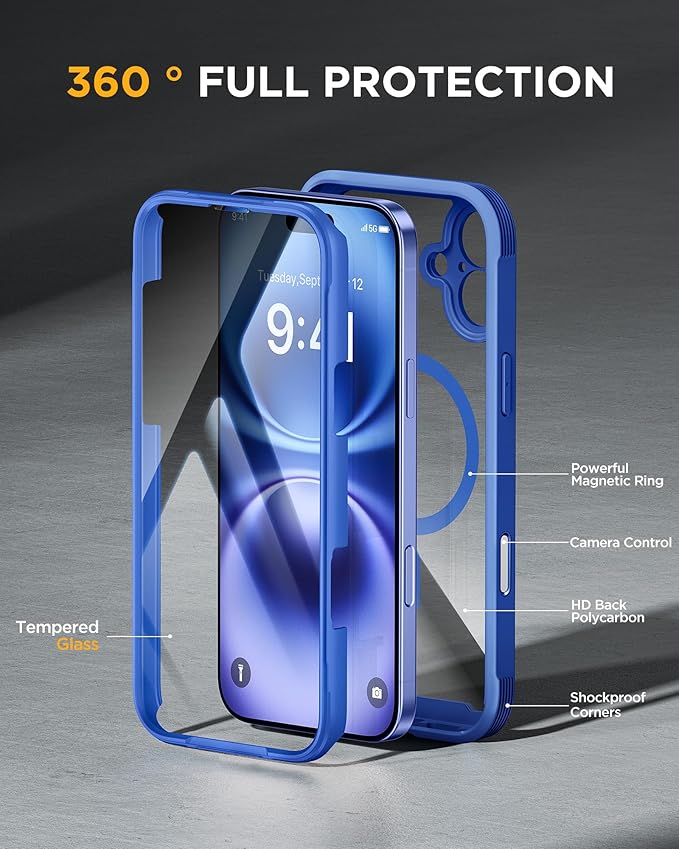 Miracase for iPhone 16 Case 6.1'', [Bubble Free] Full-Body Bumper Phone case with Built-in Full Glass Screen &Lens Protector,No Gap,Compatible with MagSafe,Drop Proof 16 Cover,Blue
