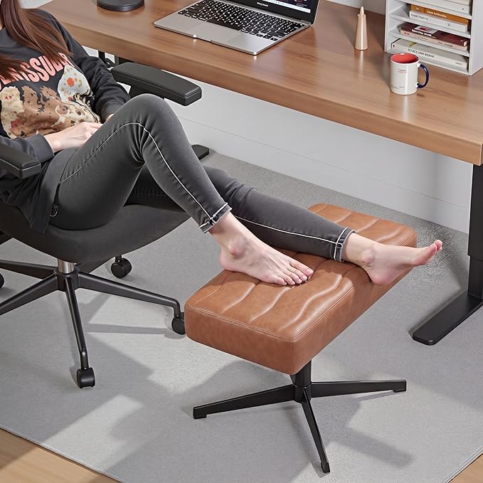 VECELO Under Desk Footrest, PU Ergonomic Foot Rest with Comfort Padding, Height Adjustable for Relieving Leg Pain, Stiffness, and etc, Brown