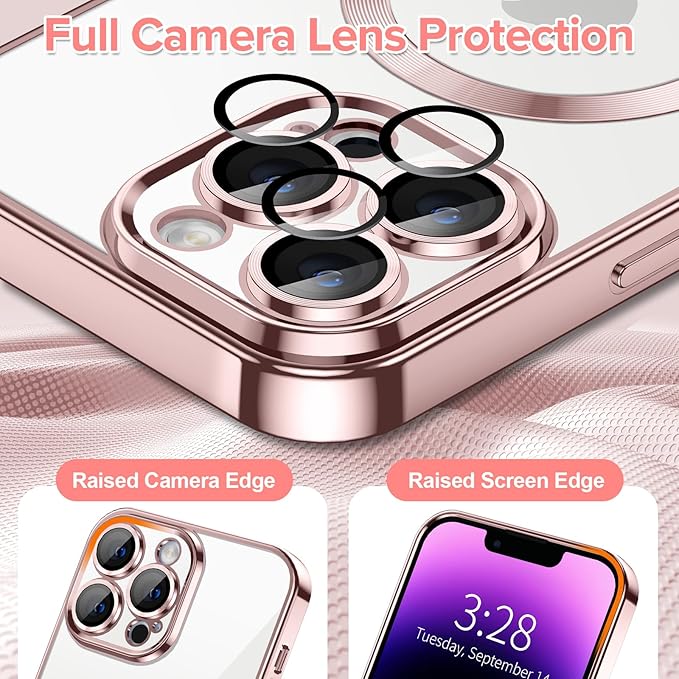 Hython Magnetic Clear for iPhone 14 Pro Max Case with Camera Lens Protector [Compatible with MagSafe] Plating Edge Slim Soft TPU Cover Protective Phone Case for iPhone 14 Pro Max 6.7", Pink