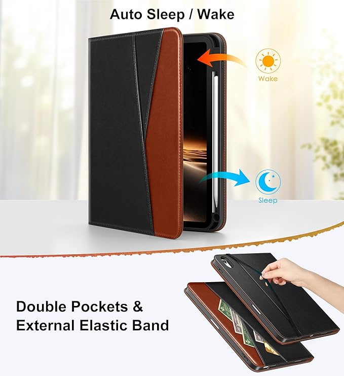 DTTO for iPad Air 11 inch Case M4 / M3 / M2 (2026/2025/2024), iPad Air 5th / 4th Gen (2022/2020), 360 Degree Rotating Premium Leather Folio Stand Cover with Pencil Holder, New Black Brown