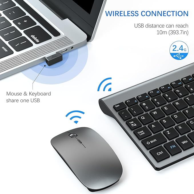 Wireless Keyboard and Mouse Ultra Slim Combo, TopMate 2.4G Silent Compact USB 2400DPI Mouse and Scissor Switch Keyboard Set with Cover, Batteries Included, for PC/Laptop/Windows/Mac - Gray Black