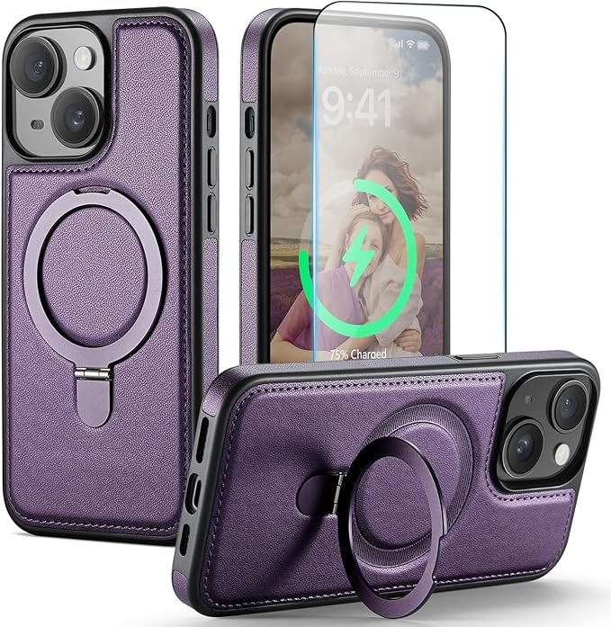 for iPhone 15 Case with Stand Compatible with Magsafe Slim PU Leather & Durable TPU Drop Proof Magnetic Kickstand Protective Phone Cover with Tempered Glass Screen Protector 6.1", Purple