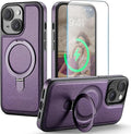 for iPhone 14 Plus Case with Stand Compatible with Magsafe Slim PU Leather & Durable TPU Drop Proof Magnetic Kickstand Protective Cover with Tempered Glass Screen Protector 6.7", Purple