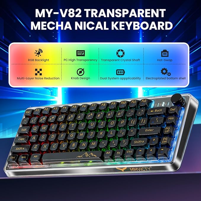 MY-V82 75% Tri-Mode Wireless Mechanical Gaming Keyboard, Bluetooth 5.0/2.4GHz/USB-C，Keyboard with Knob， RGB Backlit, Hot-Swappable, Electroplated Metal Case, for Win/Mac Gamers