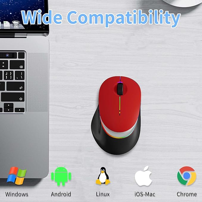 Ergonomic Wireless Bluetooth Mouse Vertical Rechargeable Silent Portable Ergo Mice with RGB Light & 2.4G USB Receiver,Dual Mode,for PC/Laptop/Computer/Desktop/Tablet/MacBook,Office Work Gift-Red