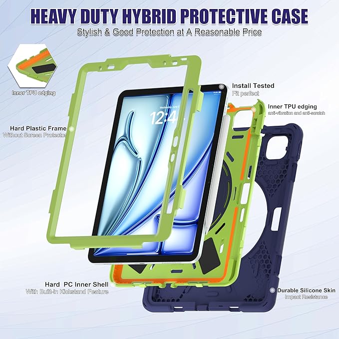SCSVPN Case for iPad Air 11 Inch M4 2026/M3 2025/M2 2024, iPad Air 10.9'' 5th/4th Gen 2022 2020, iPad Pro 11 4th/3rd/2nd/1st Gen, Protective Cover with Pen Holder, Stand, Shoulder Strap, Navy Green