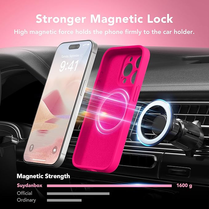 Magnetic for iPhone 15 Pro Max Case, Compatible with MagSafe, [Full Camera Protection][Screen Protector] Silicone Shockproof Protective Phone Case for iPhone 15 Pro Max 6.7", Hot Pink
