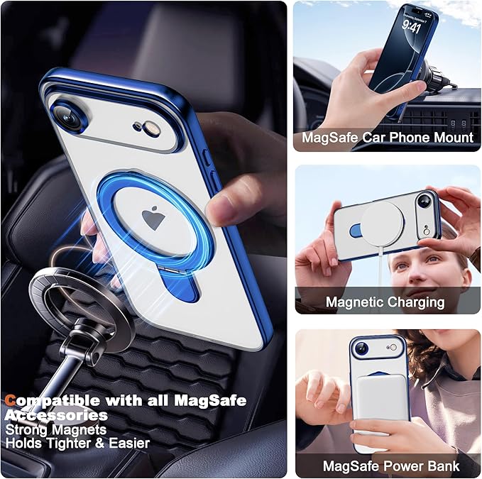 Compatible with iPhone 17 Air Case with Invisible Magnetic Ring Stand [Compatible with Mag-Safe] [Full Camera Lens Protector] Plating Clear Phone Case for iPhone 17 Air 6.5", Blue