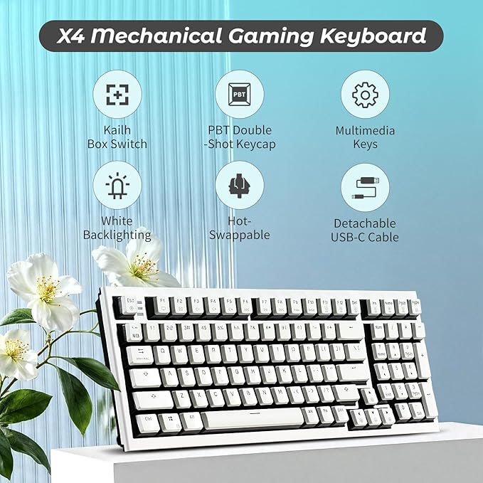 Hexgears X4 Mechanical Keyboard with Number Pad, USB-C Hot Swappable Custom Keyboard, Pre-lubed Linear Switches, White LED Backlit Computer Gaming Keyboards for PC/Tablet