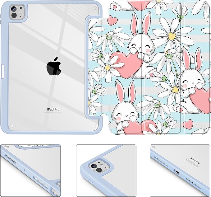 May Chen Case for iPad Pro 11-Inch M5/M4 2025/2024 (6th/5th Generation), [Penceil Holder] Trifold Stand Auto Wake/Sleep Clear TPU Protection Back Cover, Heart Rabbits