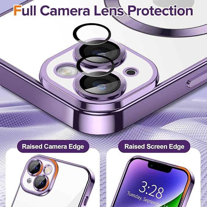 Hython Magnetic Clear for iPhone 14 Plus Case with Camera Lens Protector [Compatible with MagSafe] Luxury Plating Edge Slim Soft TPU Cover Protective Phone Case for iPhone 14 Plus 6.7", Deep Purple