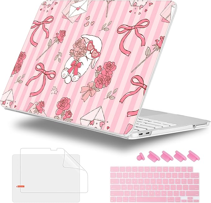 Case for 2026 MacBook Neo 13-inch Laptop with Liquid Retina Display, Release Model A3404, Sturdy Plastic Hard Shell Case + Keyboard Cover + Trackpad Film + Dust Plug, Roses & Rabbit & Stripe