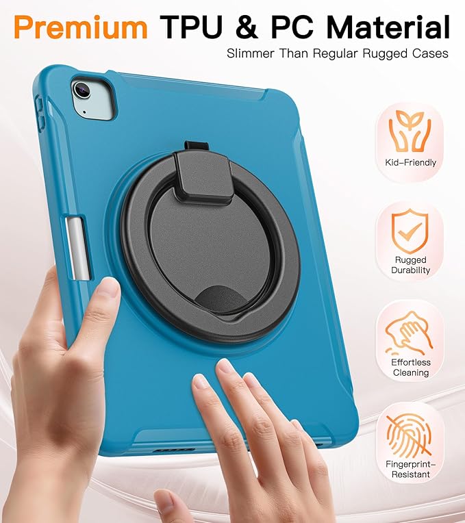 BATYUE Shockproof Case for iPad Air 11" M2/M3/M4, Air 4/5 10.9", iPad Pro 11" 1st-4th Gen 2018-2022 | 360° Multi-Angle Stand (Portrait & Landscape) & Grip, Built-in Pencil Holder, Lake Blue