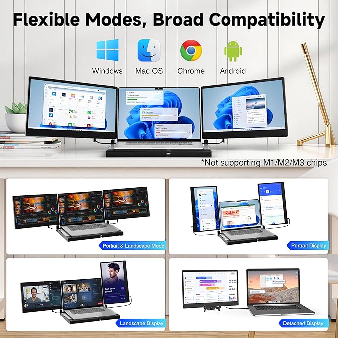 Laptop Screen Extender, 14" FHD 1080P Triple Portable Monitor for Laptops, Stretchable Base and Detachable Screen, Plug & Play, Monitor Extender for 13–17.3" Laptops, Compatible with Window/Mac/Chrome