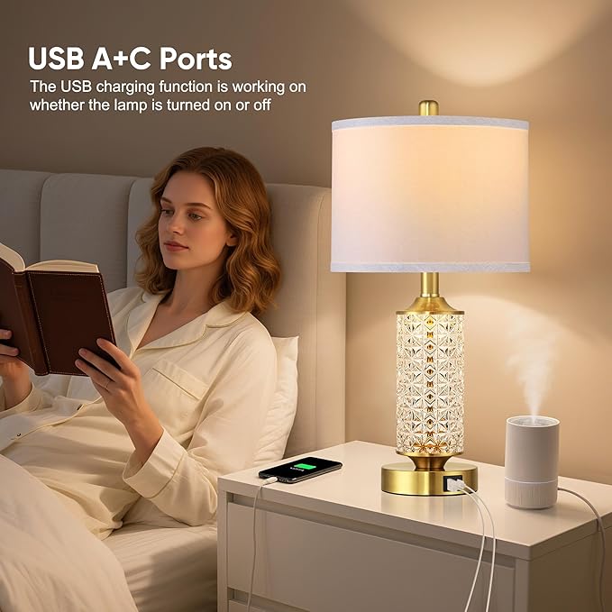 QiMH Set of 2 Table Lamps with USB A+C Ports, Modern Bedside Lamp with LED Night Light, Bedside Lamp for Bedroom, Nightstand Lamps for Living Room Office (Gold)(2 Bulbs Include)