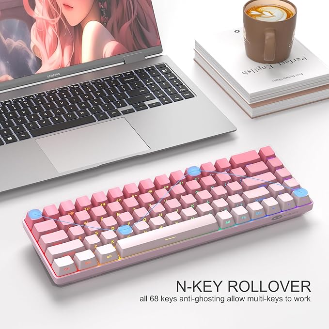MageGee Portable 60% Mechanical Gaming Keyboard, RGB Backlit Compact 68 Keys Mini Wired Office Keyboard with Red Switches for Laptop PC Mac, Side Printed Keycap - Pink