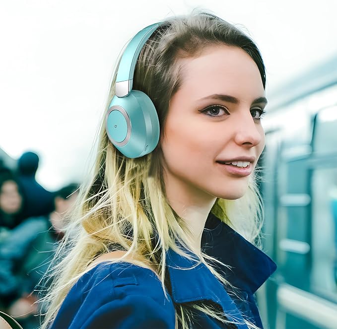 Active Noise Cancelling Headphones, 100H Playtime Bluetooth Headphones Wireless Bluetooth with Mic, Over Ear Wireless Headset with Deep Bass,Fast Charging for Travel (Light Green)