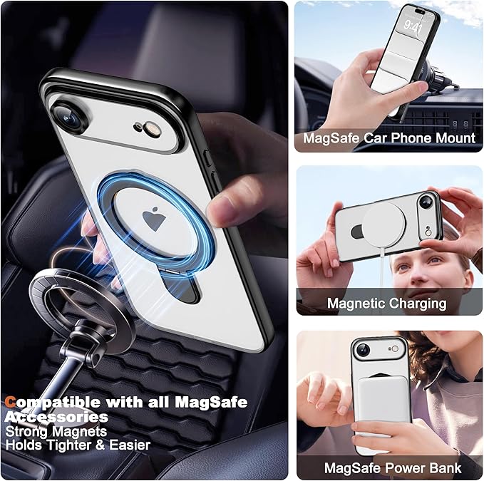 Compatible with iPhone 17 Air Case with Invisible Magnetic Ring Stand [Compatible with Mag-Safe] [Full Camera Lens Protector] Plating Clear Phone Case for iPhone 17 Air 6.5", Black