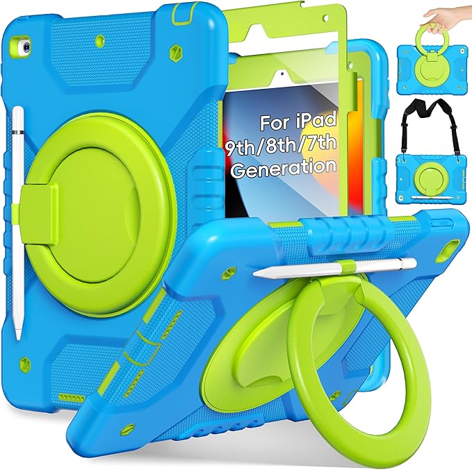 Andnary Case for iPad 9th/8th/7th Generation 10.2 inch, Shockproof Cover with Screen Protector/360° Rotating Handle/Bracket/Pen Holder/Shoulder Strap, Kids Case for iPad 2021/2020/2019 (Blue+Green)