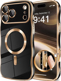 GVIEWIN for iPhone 17 Pro Case Compatible with MagSafe, Upgraded [Full Camera Protection][Cute Wave Frame][Military Grade Protection] Electroplated Hard Phone Cover for Women Girl, Black