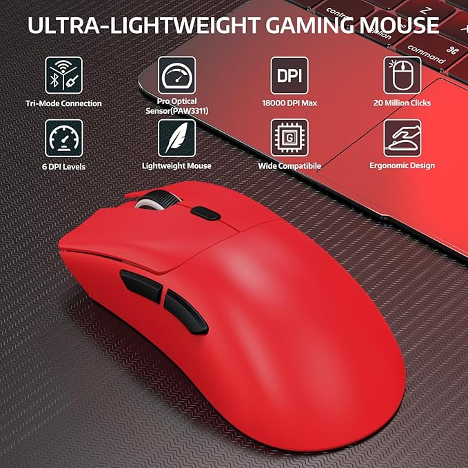 ATTACK SHARK R1 Wireless Gaming Mouse,Tri-Mode Connection (2.4G/Wired/BT5.2),55g Lightweight,18K DPI Optical Sensor,HUYU 20 Million Key Life,Ergonomic Design,for PC/Laptop/Win/Mac(Red)