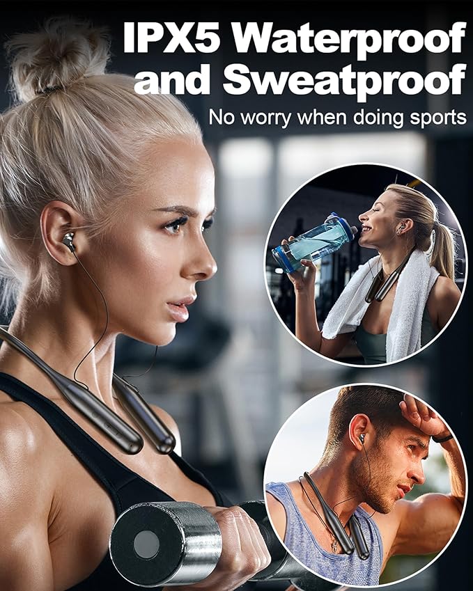 ZXQ Wireless Bluetooth Neckband Headphones 100 Hours Long Playtime,Around The Neck Bluetooth Earbuds with Microphone,Waterproof Sport Earphone,Over The Neck Headset with Storage Travel Case(Black)