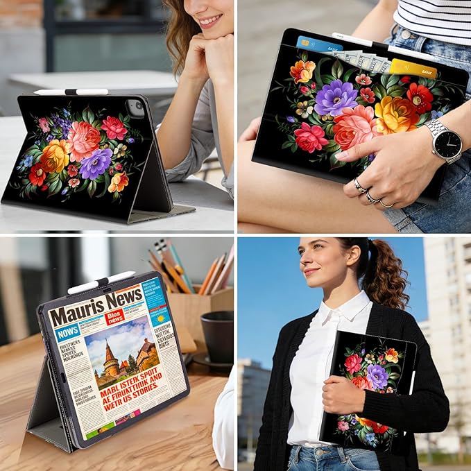 Lokigo Case for iPad Pro 13 Inch (M5/M4), iPad Air 13 Inch (M4/M3/M2), iPad Pro 12.9 Inch (6th/5th/4th/3rd) Gen, Typing Stand, with Pencil Holder/Card Pocket, Auto Wake/Sleep, Black Colord Flowers