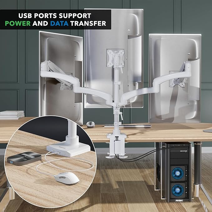 Mount-It! Triple Monitor Mount, 3 Monitor Desk Mount, Gas Spring Arms, Fits 13–27" Screens, VESA 75 & 100, Clamp or Grommet, USB-A & USB-C, White