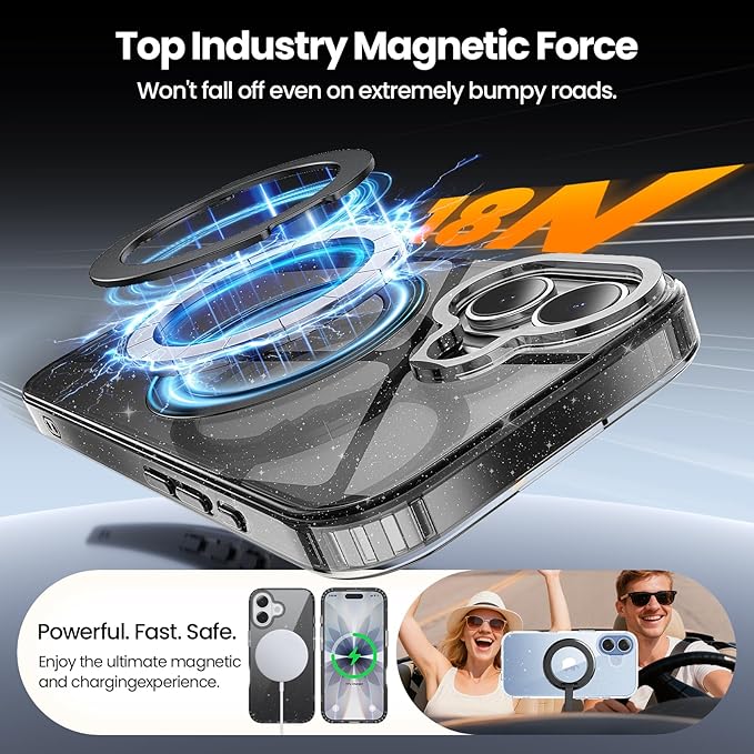 360° Ring Stand for iPhone 17 Case, Compatible with MagSafe, Military-Grade Protective,Anti-Yellowing, Scratch-Resistant Back Cover Phone Case for iPhone 17 6.3", Clear Black Glitter Stand