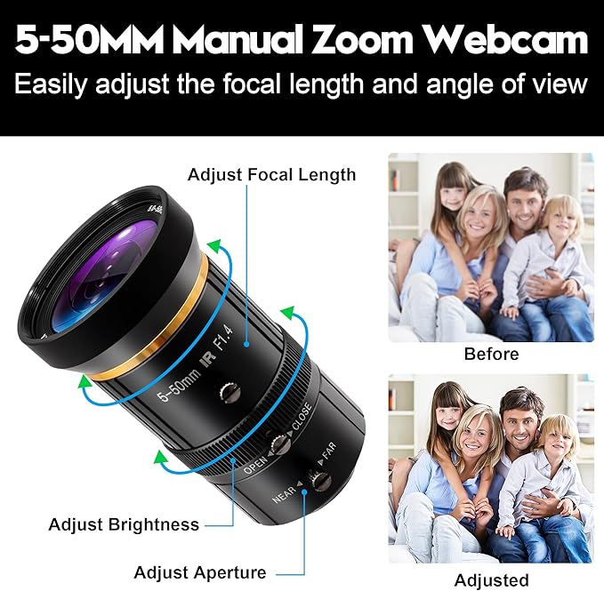 HDMI USB Camera 4K 30fps Webcam 10X Manual Zoom USB Webcam with 5-50mm CS Lens H.264 Video Conference Camera for Computer Laptop Raspberry Pi Jetson Nano