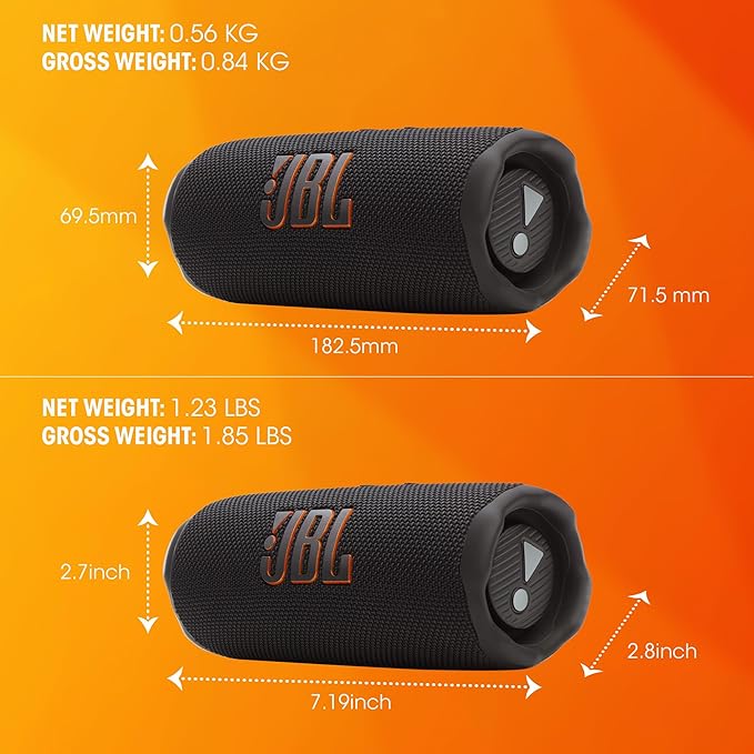 JBL Flip 7 - Portable Waterproof and Drop-Proof Speaker, Bold JBL Pro Sound with AI Sound Boost, 16Hrs of Playtime, and PushLock System with Interchangeable Accessories (Black/Orange)