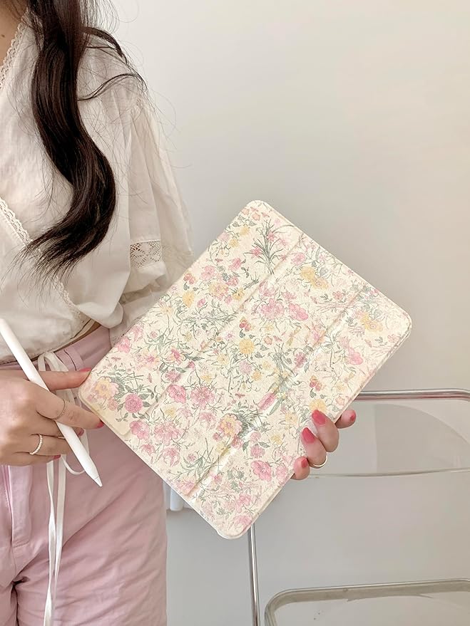 Adjustable Stand Hard PU Clear Back Folio Case for Apple Flowers Floral Pattern Refreshing Classic Vintage Pretty Chic Cute Lovely Girls Women (for iPad 7 10.2-inch 7th Generation 2019)