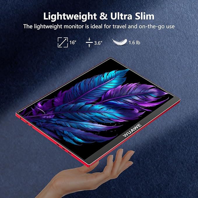 WUAWE Portable Monitor 16 inch Gift for Girls, 1920x1200P FHD 100% sRGB for Drawing & Design, USB C HDMI External Screen Ultra-Thin Metal for Laptop/Mac/Phone/Xbox/PS5(Red)
