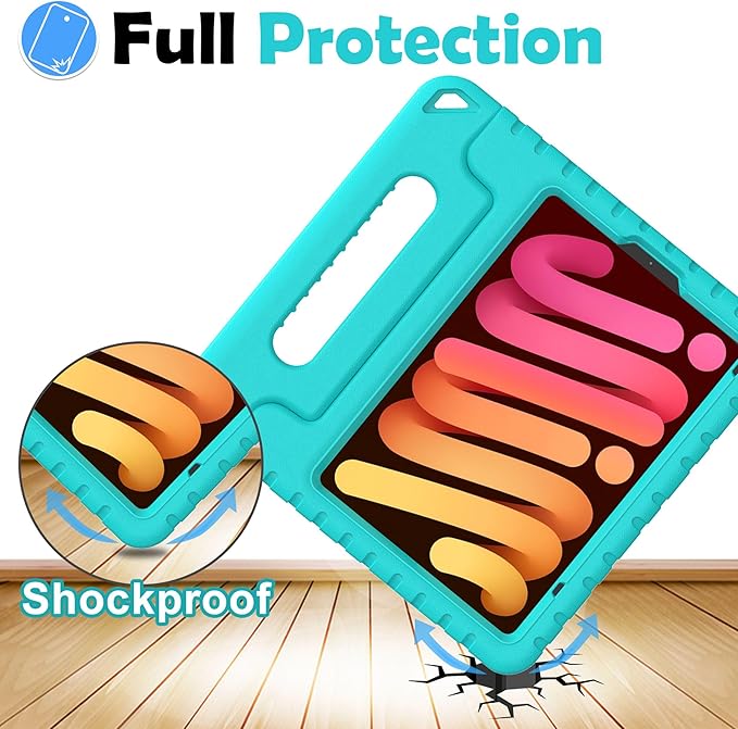 AVAWO Kids Case for iPad mini 7 (A17 Pro) 2024 8.3 inch, Mini 6 2021 with Built-in Screen Protector, Shockproof Lightweight Handle Stand Cover for Model (A2995/A2996, A2567/A2568/A2569), Turquoise